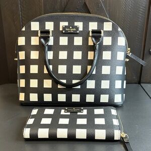 Kate Spade Black and Cream Checkered Satchel with matching wallet
